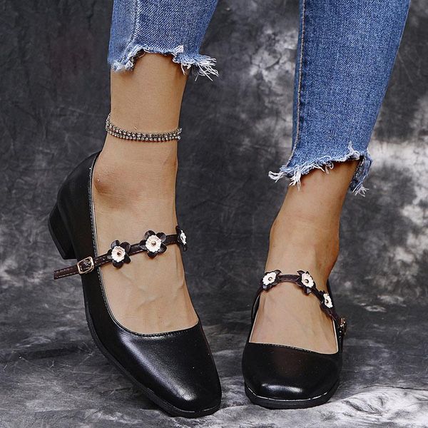 mary janes women shoes fashion pu leather pumps floral buckle strap ladies chunky heels shoes 2021 elegant female square toe new, Black